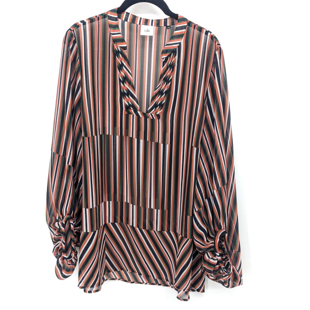 Cabi Blouse Women Large Orange Multicolor Striped Sleeve V Neck Tunic Top Office